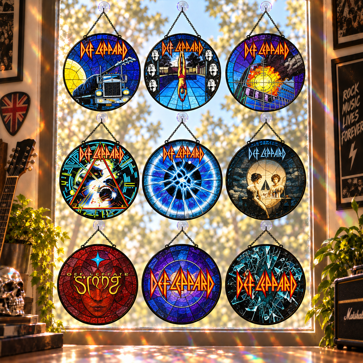 Def Leppard Suncatcher, 9 Album Stained Glass Window Hanging, Hysteria Pyromania Classic Rock Gift