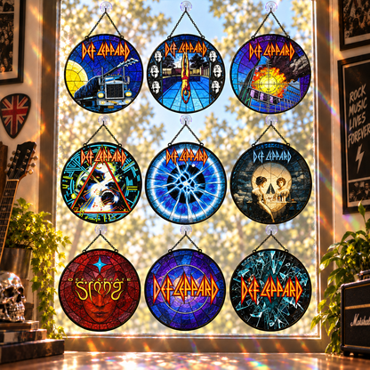 Def Leppard Suncatcher, 9 Album Stained Glass Window Hanging, Hysteria Pyromania Classic Rock Gift