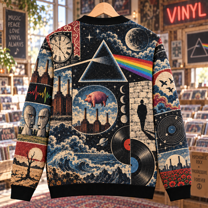 Pink Floyd Wool Cardigan, Dark Side of the Moon Wish You Were Here Patchwork Knit Sweater, Vintage Progressive Rock Gift