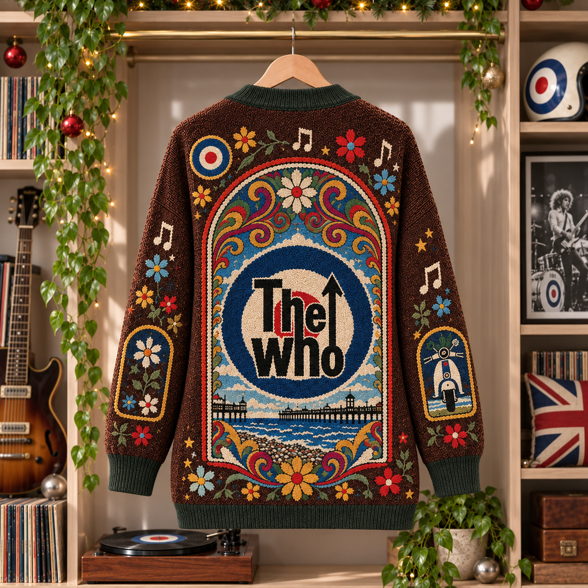 The Who Patchwork Cardigan, Mod Target British Rock Knit Sweater, Vintage Folk Art Band Cardigan Gift