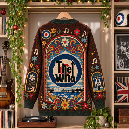 The Who Patchwork Cardigan, Mod Target British Rock Knit Sweater, Vintage Folk Art Band Cardigan Gift