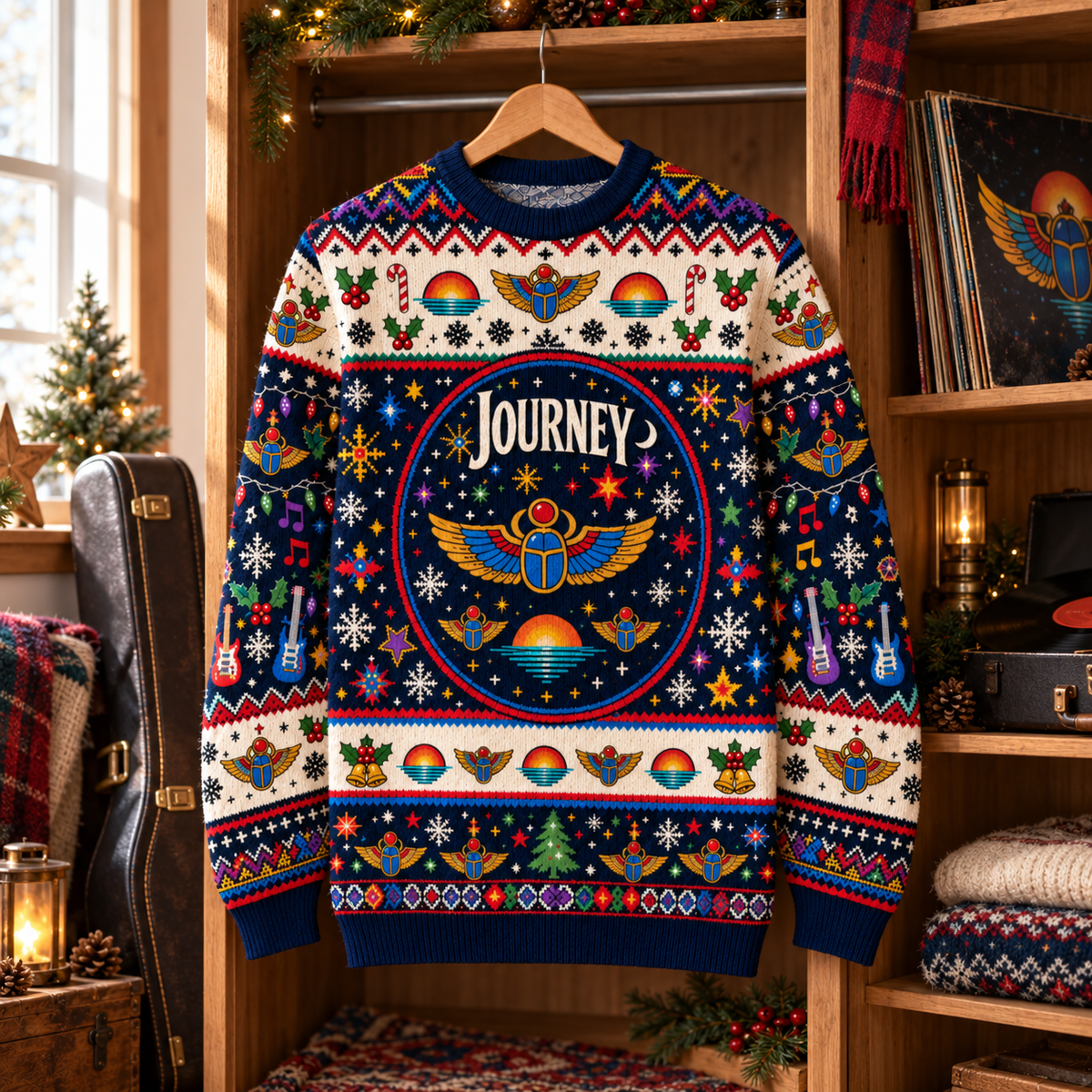 Journey Wool Christmas Sweater, Scarab Logo Holiday Knit Jumper, Classic Rock Ugly Christmas Sweater, Retro Journey Fan Gift