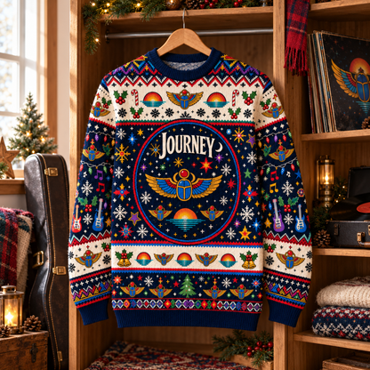 Journey Wool Christmas Sweater, Scarab Logo Holiday Knit Jumper, Classic Rock Ugly Christmas Sweater, Retro Journey Fan Gift