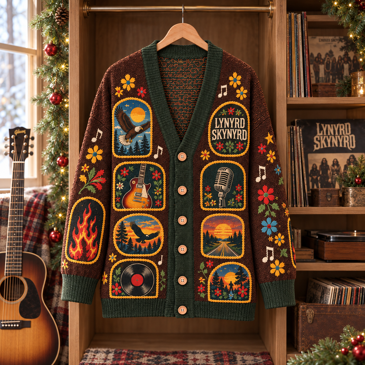 Lynyrd Skynyrd Patchwork Cardigan, Southern Rock Folk Art Knit Sweater, Vintage Eagle Guitar Music Cardigan Gift