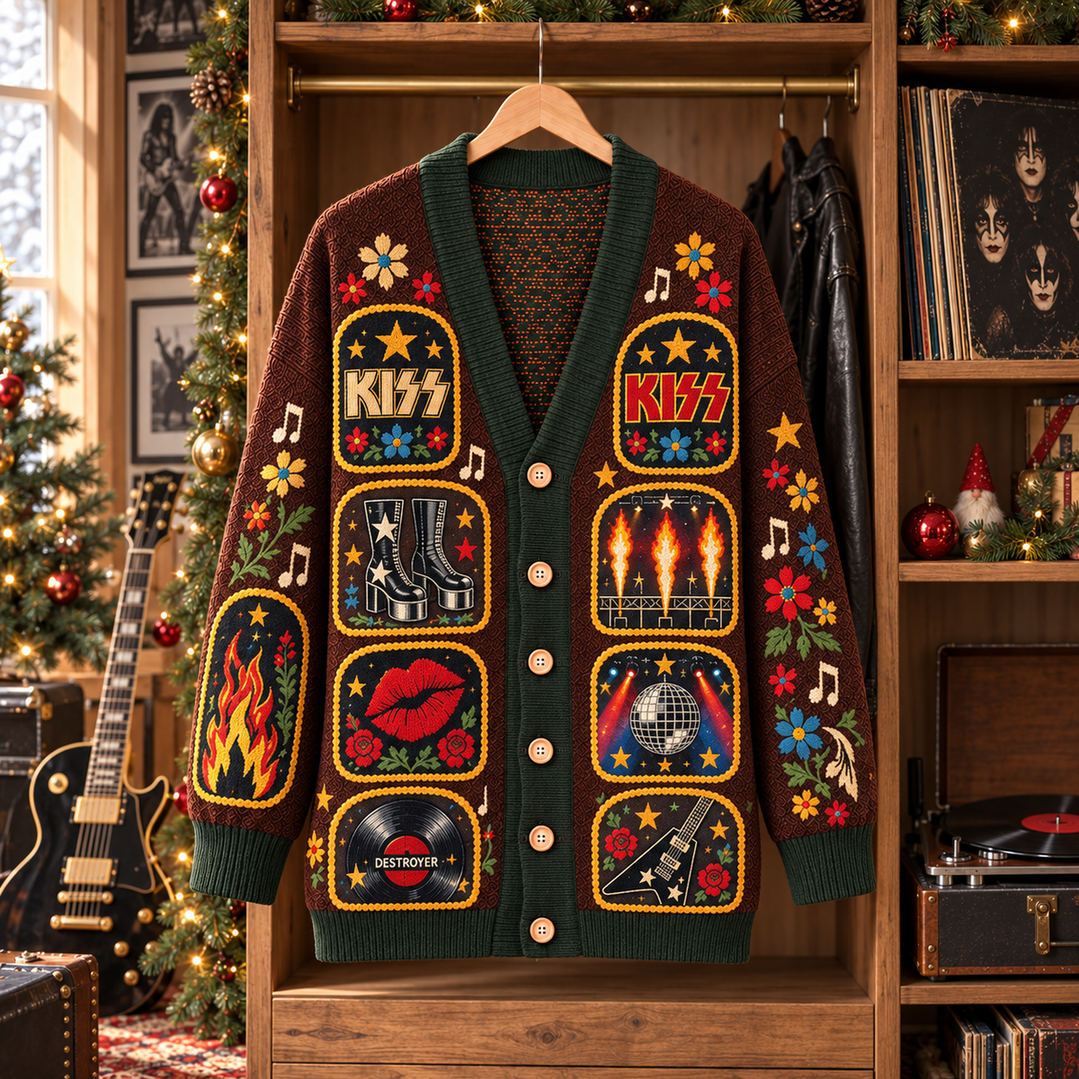 KISS Patchwork Cardigan, Vintage Rock Folk Art Knit Sweater, Concert Stage Music Cardigan Gift