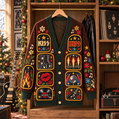 KISS Patchwork Cardigan, Vintage Rock Folk Art Knit Sweater, Concert Stage Music Cardigan Gift