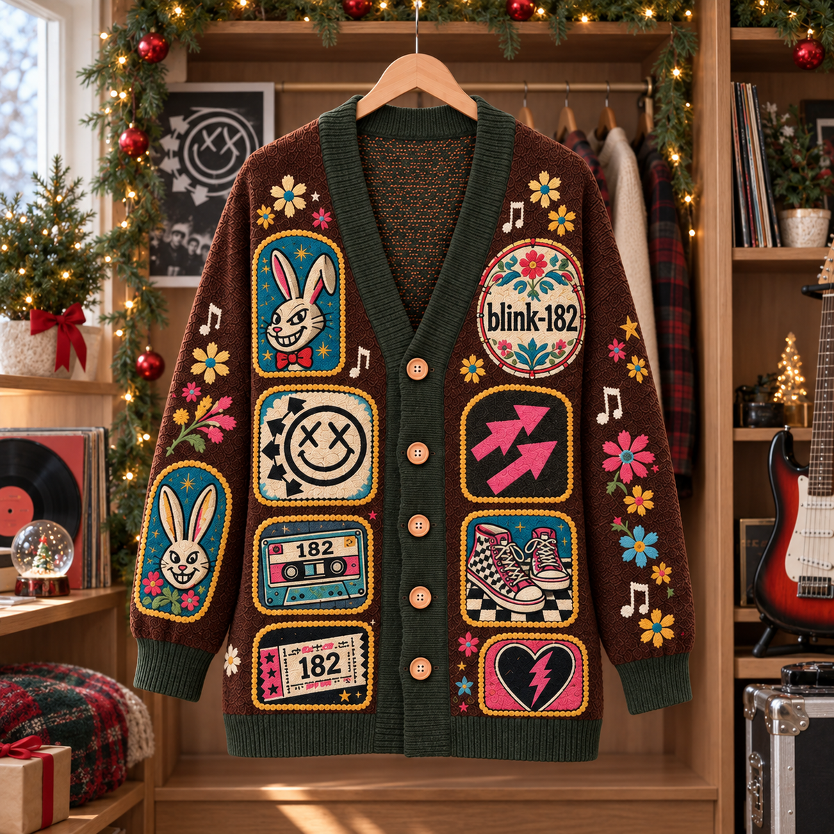 Blink-182 Patchwork Cardigan, Smiley Bunny Pop Punk Knit Sweater, Vintage Folk Art Band Cardigan Gift