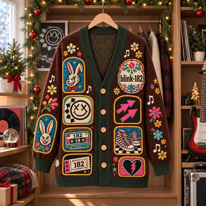 Blink-182 Patchwork Cardigan, Smiley Bunny Pop Punk Knit Sweater, Vintage Folk Art Band Cardigan Gift