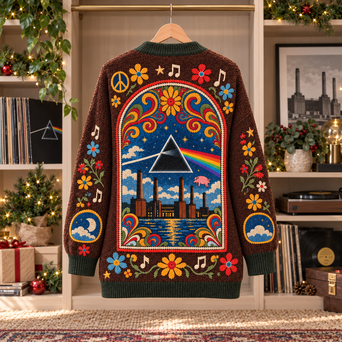Pink Floyd Patchwork Cardigan, Dark Side of the Moon Folk Art Knit Sweater, Vintage Psychedelic Rock Cardigan Gift