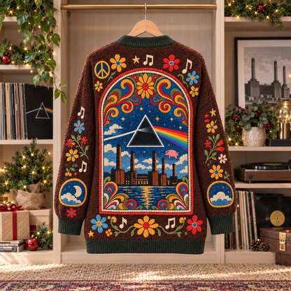 Pink Floyd Patchwork Cardigan, Dark Side of the Moon Folk Art Knit Sweater, Vintage Psychedelic Rock Cardigan Gift