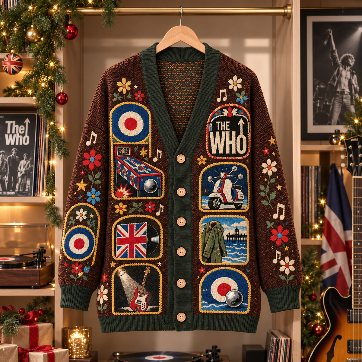 The Who Patchwork Cardigan, Mod Target British Rock Knit Sweater, Vintage Folk Art Band Cardigan Gift