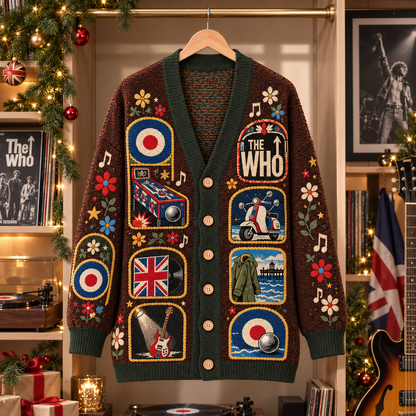 The Who Patchwork Cardigan, Mod Target British Rock Knit Sweater, Vintage Folk Art Band Cardigan Gift
