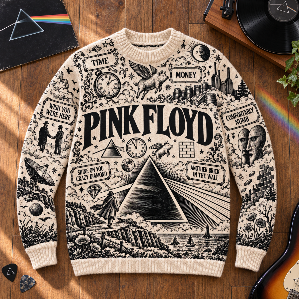 Pink Floyd Wool Sweater, Dark Side of the Moon Graphic Knit Jumper, The Wall Vintage Rock Sweater, Retro Progressive Rock Fan Gift