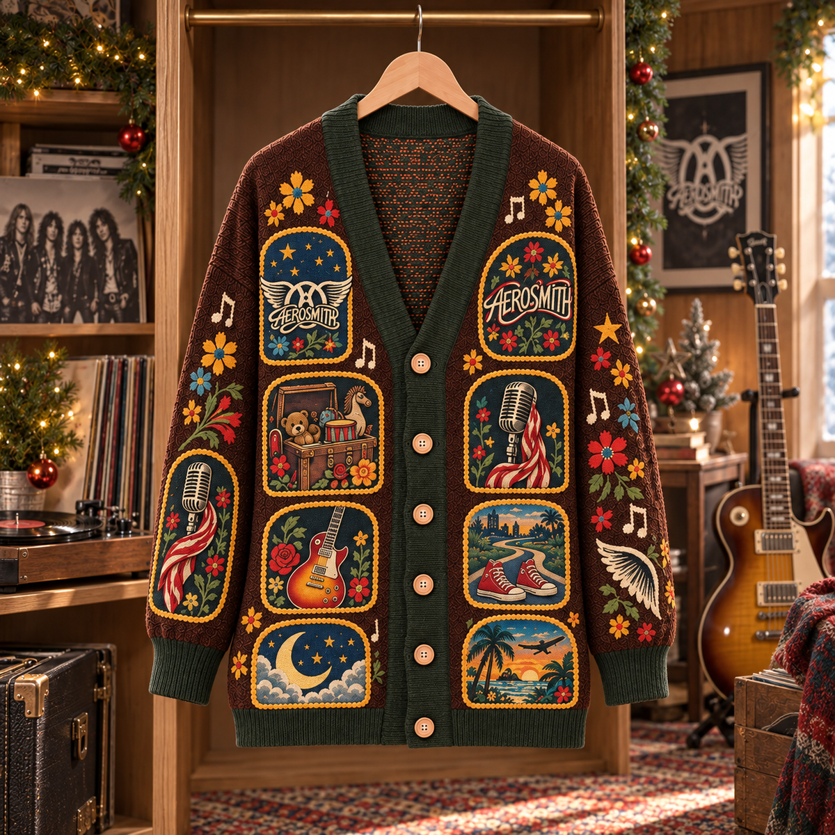 Aerosmith Patchwork Cardigan, Winged Logo Folk Art Knit Sweater, Vintage Classic Rock Music Cardigan Gift
