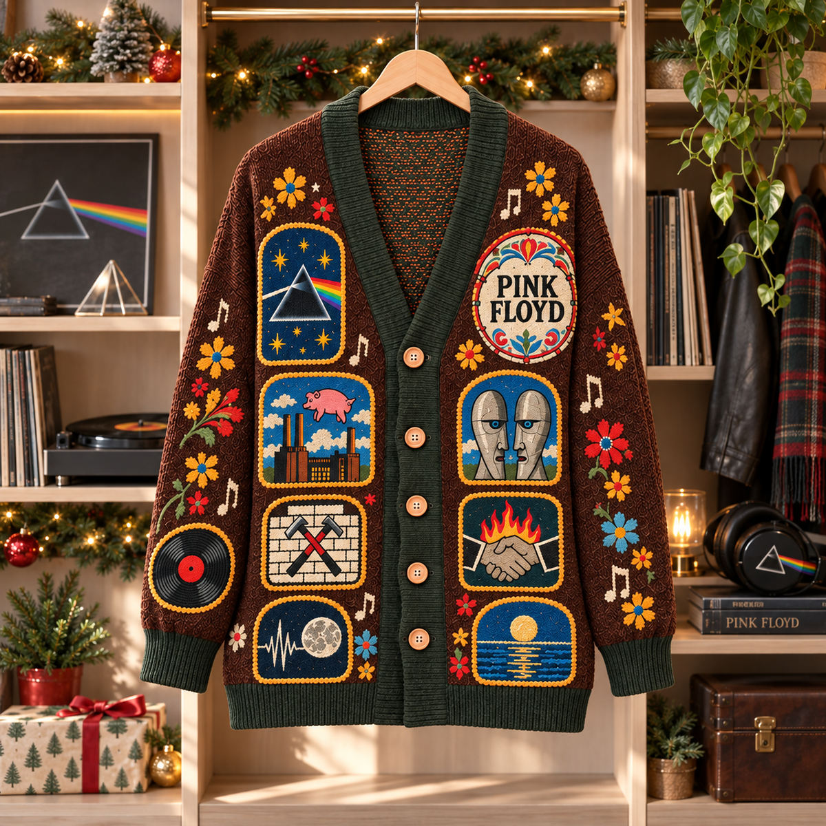 Pink Floyd Patchwork Cardigan, Dark Side of the Moon Folk Art Knit Sweater, Vintage Psychedelic Rock Cardigan Gift