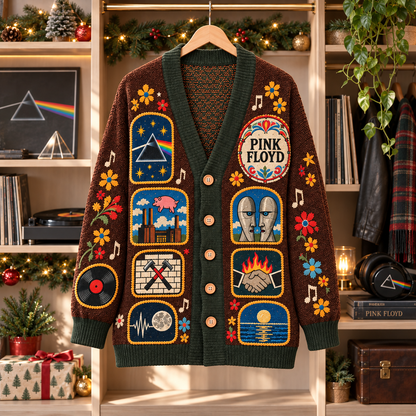 Pink Floyd Patchwork Cardigan, Dark Side of the Moon Folk Art Knit Sweater, Vintage Psychedelic Rock Cardigan Gift