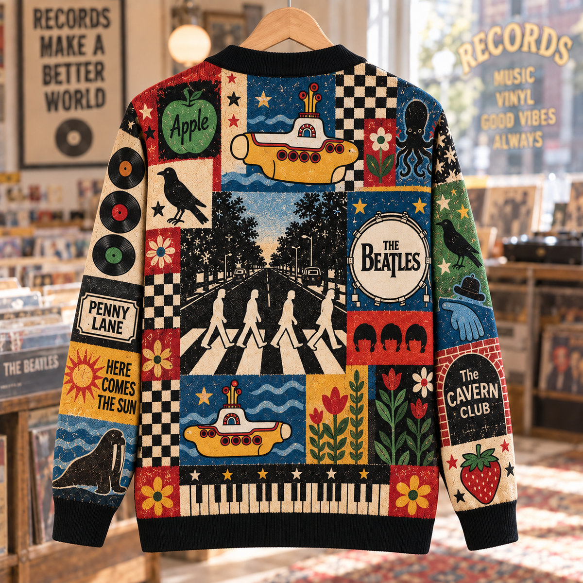 The Beatles Wool Cardigan, Abbey Road Yellow Submarine Patchwork Knit Sweater, Vintage 60s Rock Band Wool Cardigan Gift