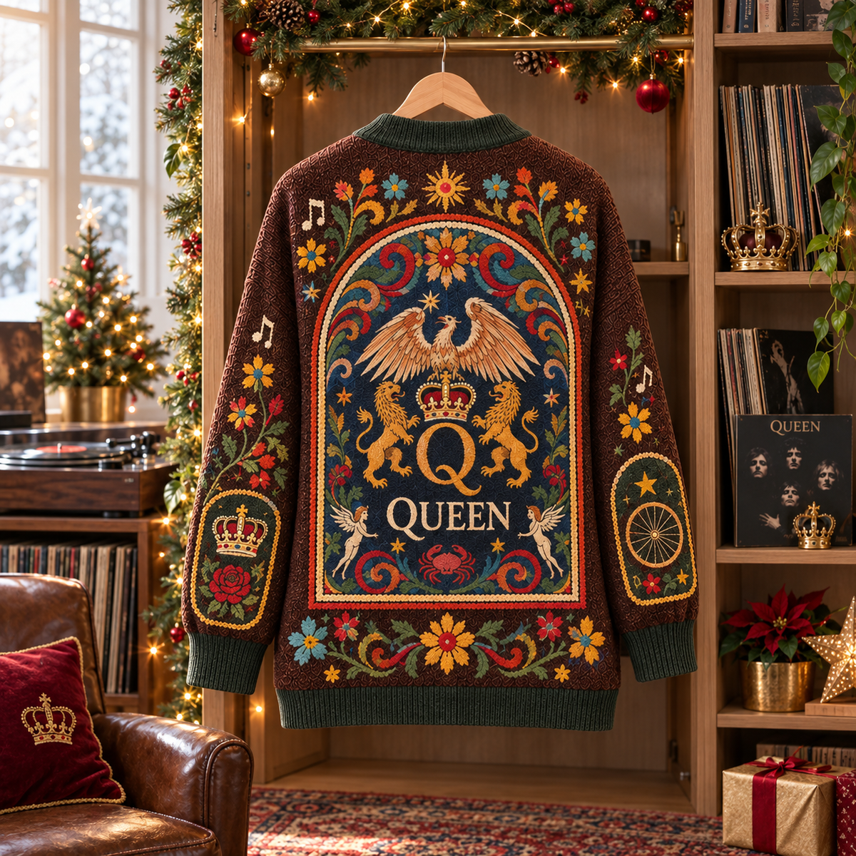 Queen Patchwork Cardigan, Vintage Folk Art Rock Band Knit Sweater, Bohemian Music Lover Cardigan Gift