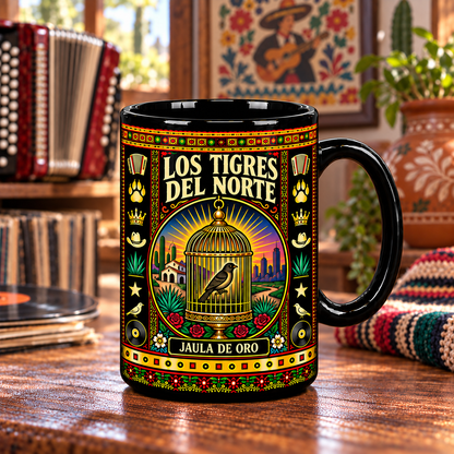 Los Tigres del Norte Mug, Jefe de Jefes Jaula de Oro Ceramic Coffee Mug, Norteño Mexican Music Gift