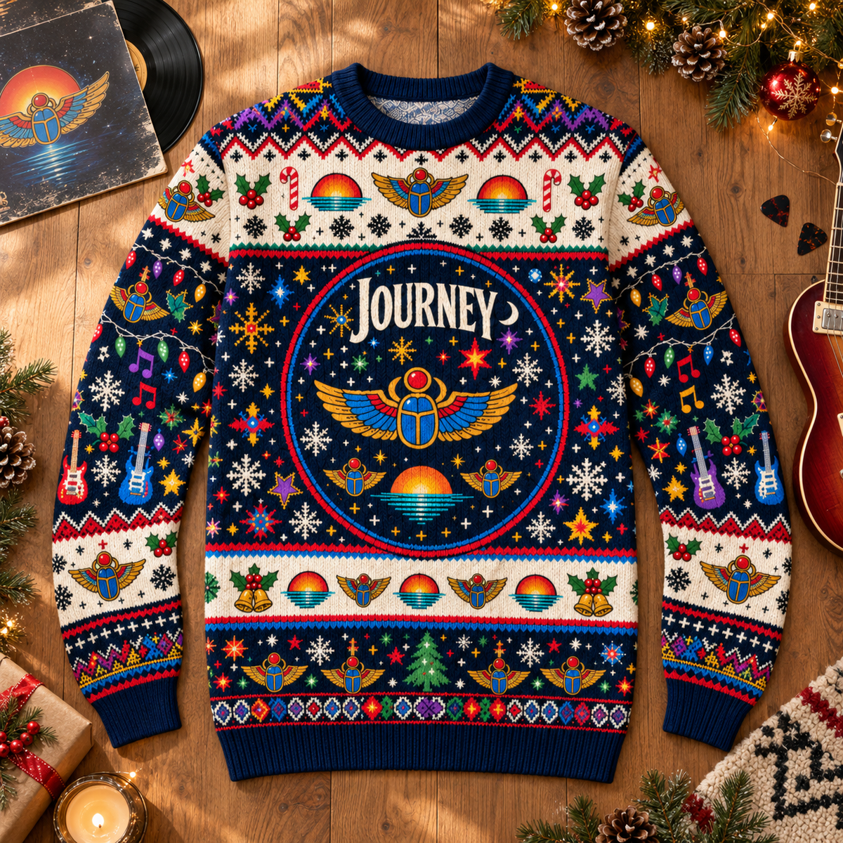 Journey Wool Christmas Sweater, Scarab Logo Holiday Knit Jumper, Classic Rock Ugly Christmas Sweater, Retro Journey Fan Gift