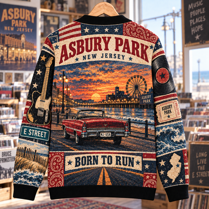 Bruce Springsteen Wool Cardigan, Born to Run The Promised Land Patchwork Knit Sweater, Vintage Americana Rock Gift