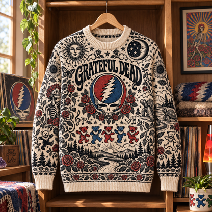 Grateful Dead Wool Knit Sweater, Steal Your Face Dancing Bears & Roses Graphic Pullover, Retro Psychedelic Deadhead Crewneck
