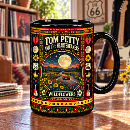 Tom Petty and the Heartbreakers Mug, Wildflowers Broken Heart Route 66 Ceramic Coffee Mug, Classic Rock Music Gift
