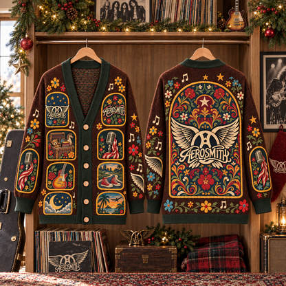 Aerosmith Patchwork Cardigan, Winged Logo Folk Art Knit Sweater, Vintage Classic Rock Music Cardigan Gift