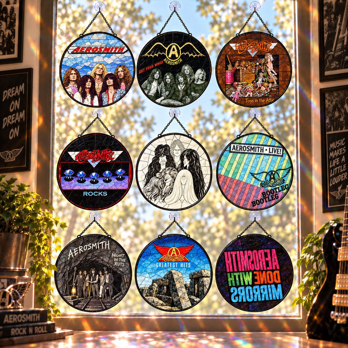 Aerosmith Suncatcher, 9 Album Stained Glass Window Hanging, Toys in the Attic Rocks Classic Rock Music Gift