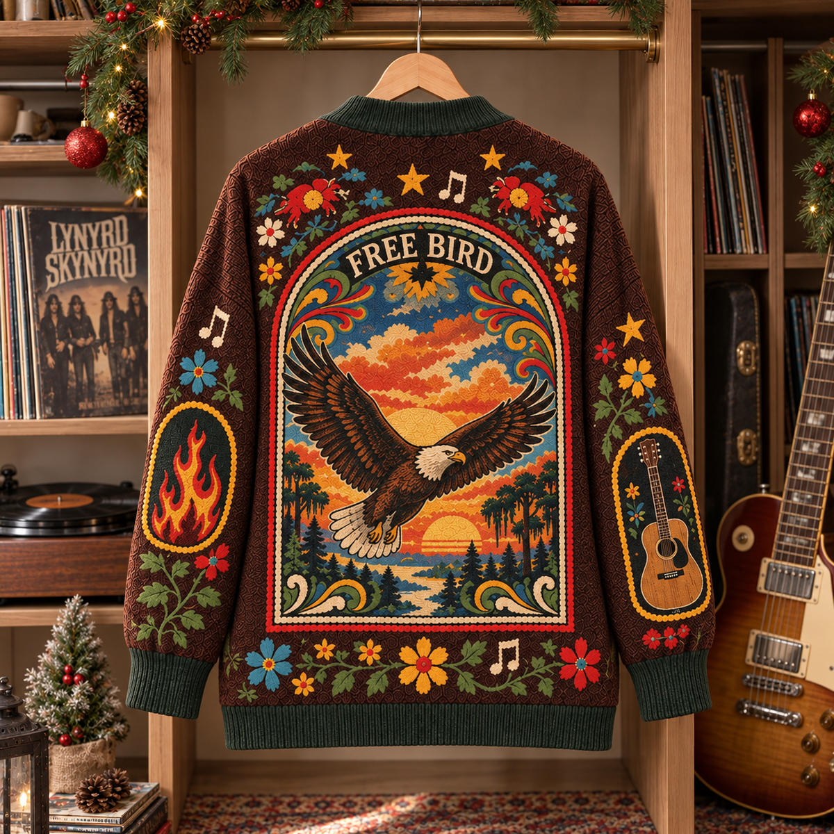 Lynyrd Skynyrd Patchwork Cardigan, Southern Rock Folk Art Knit Sweater, Vintage Eagle Guitar Music Cardigan Gift