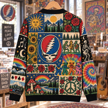 Grateful Dead Wool Cardigan, Steal Your Face Dancing Bears Patchwork Knit Sweater, Vintage Psychedelic Jam Band Gift