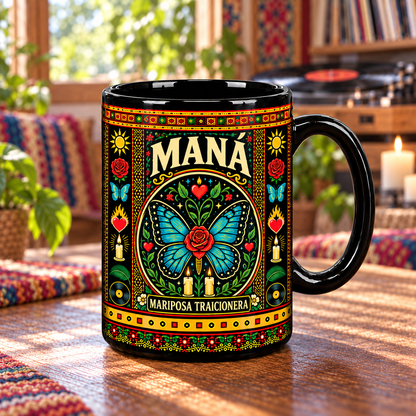 Maná Mug, Rayando el Sol Mariposa Traicionera Ceramic Coffee Mug, Latin Rock Music Gift