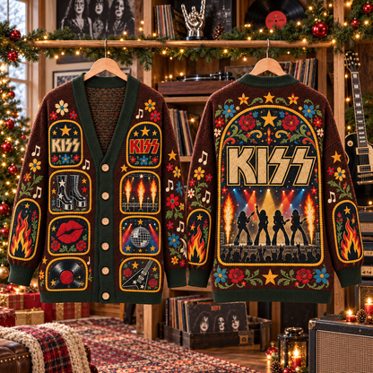 KISS Patchwork Cardigan, Vintage Rock Folk Art Knit Sweater, Concert Stage Music Cardigan Gift