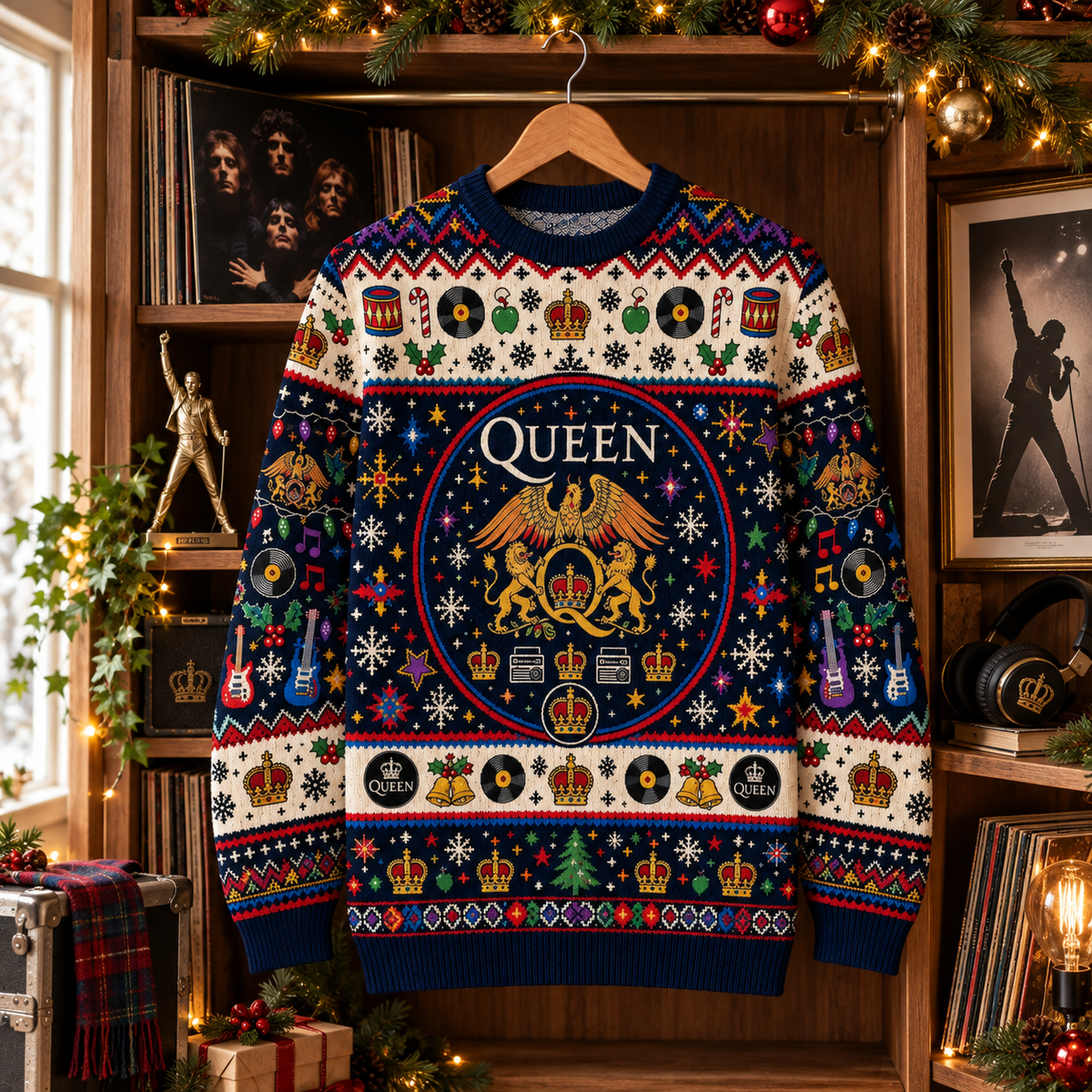 Queen Wool Christmas Sweater, Freddie Mercury Crest Holiday Knit Jumper, Classic Rock Ugly Christmas Sweater, Retro Music Fan Gift