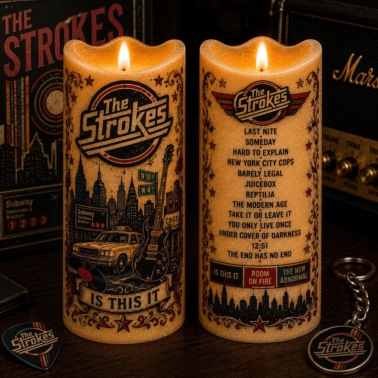 The Strokes LED Flameless Candle – Punk Rock Music Decorative Candle with Warm Flickering Light