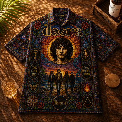 The Doors Hawaiian Shirt - Unisex Stained Glass Jim Morrison Light My Fire Button Up