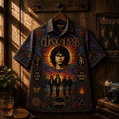The Doors Hawaiian Shirt - Unisex Stained Glass Jim Morrison Light My Fire Button Up