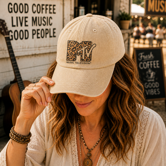 MTV Leopard Logo Cap – Vintage Washed Hat, Retro Music Television Minimalist Streetwear Hat (With Box)