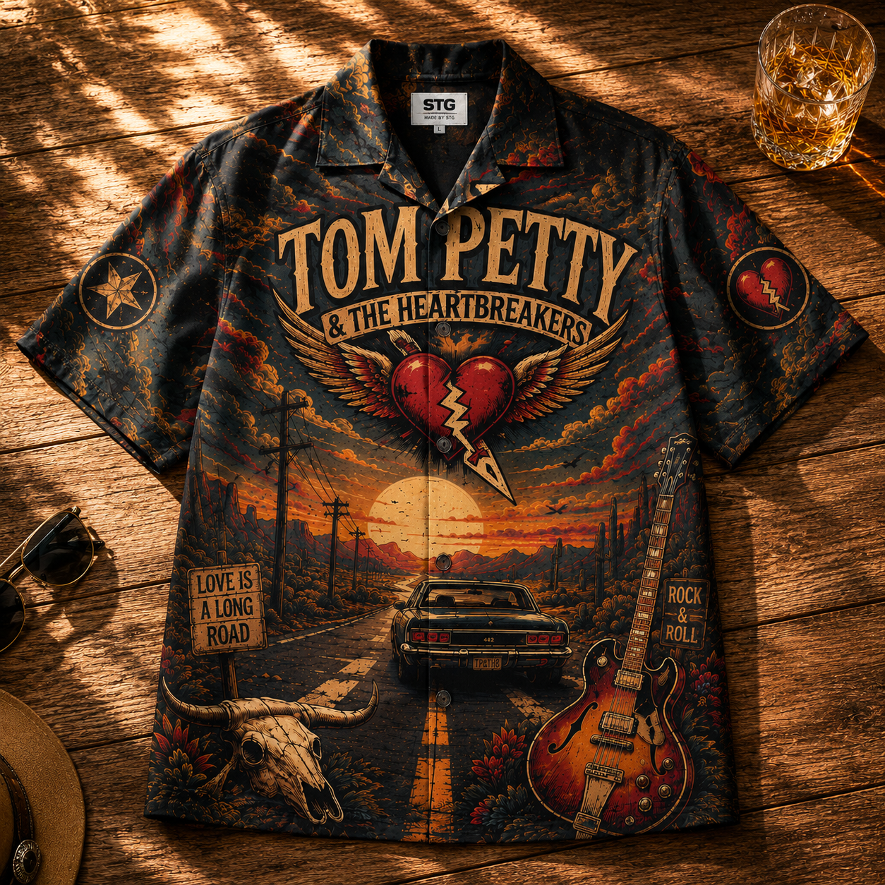 Tom Petty Hawaiian Shirt - Unisex The Heartbreakers Winged Heart Black Button Up