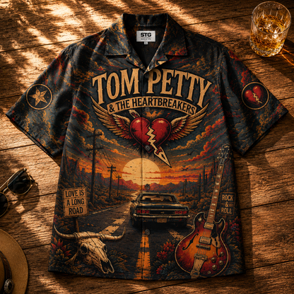 Tom Petty Hawaiian Shirt - Unisex The Heartbreakers Winged Heart Black Button Up