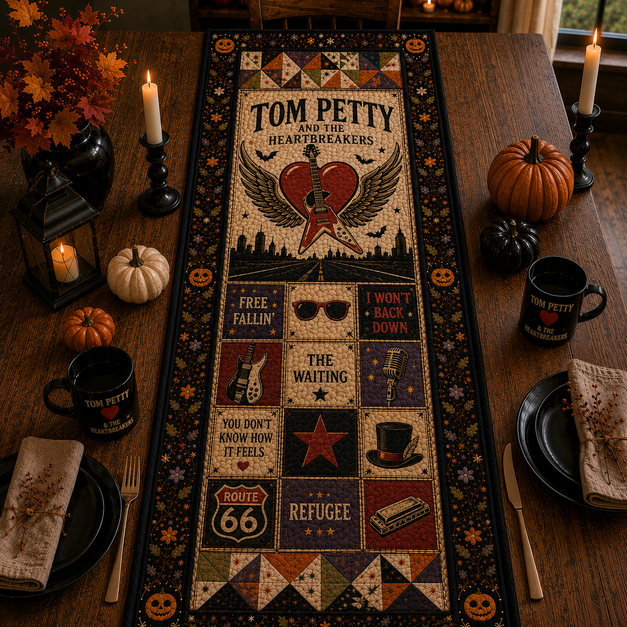 Tom Petty and the Heartbreakers Table Runner – Vintage Classic Rock Patchwork, Tom Petty Fan Gift, Cozy Music Throw Blanket