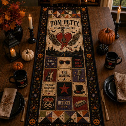 Tom Petty and the Heartbreakers Table Runner – Vintage Classic Rock Patchwork, Tom Petty Fan Gift, Cozy Music Throw Blanket