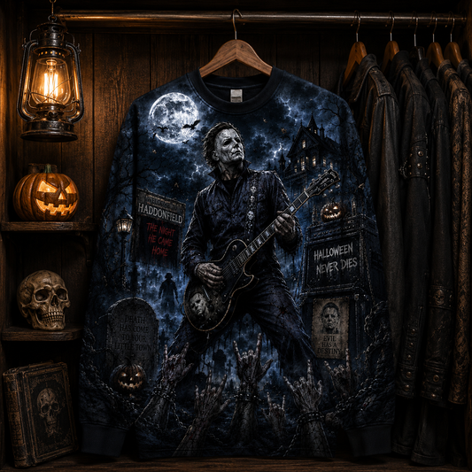 Michael Myers Halloween Guitar Sweatshirt – Horror Rock All Over Print Crewneck For Slasher Movie Fans