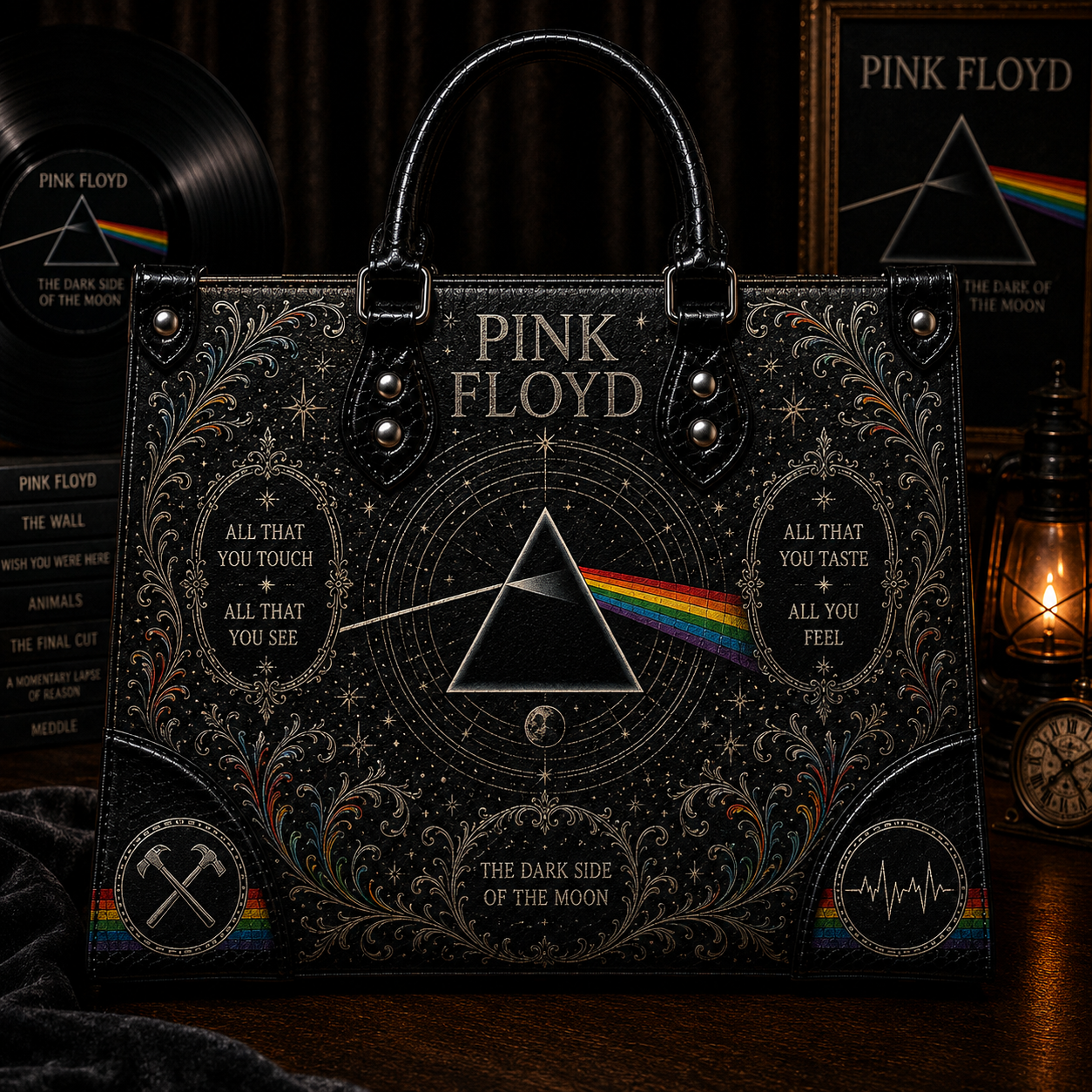 PinkFloyd The Dark Side of The Moon Handbag Tote Bag & Wallet Set, Vintage Music Lover Purse Set, Retro Pop Band Leather Bag, Matching Wallet Gift