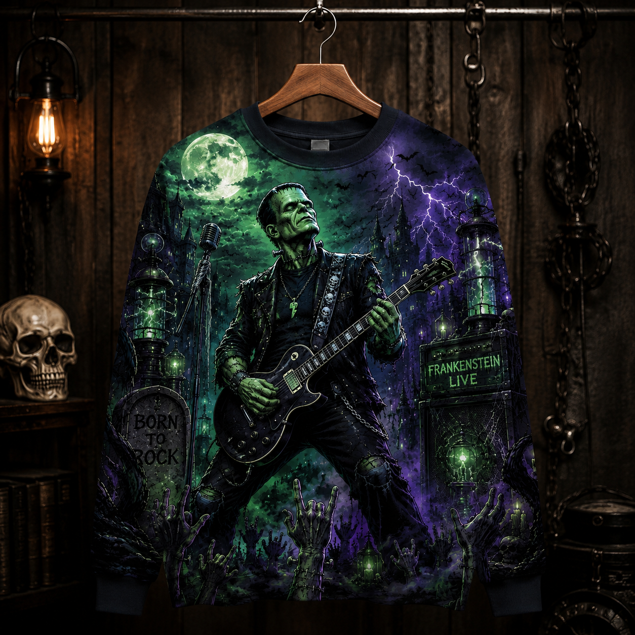 Frankenstein Monster Rock Guitar Sweatshirt – Gothic Halloween All Over Print Crewneck For Horror Fans