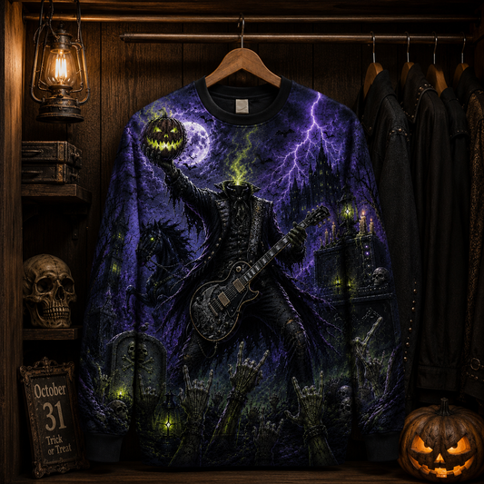 Headless Horseman Halloween Guitar Sweatshirt – Gothic Horror All Over Print Crewneck For Halloween Rock Fans