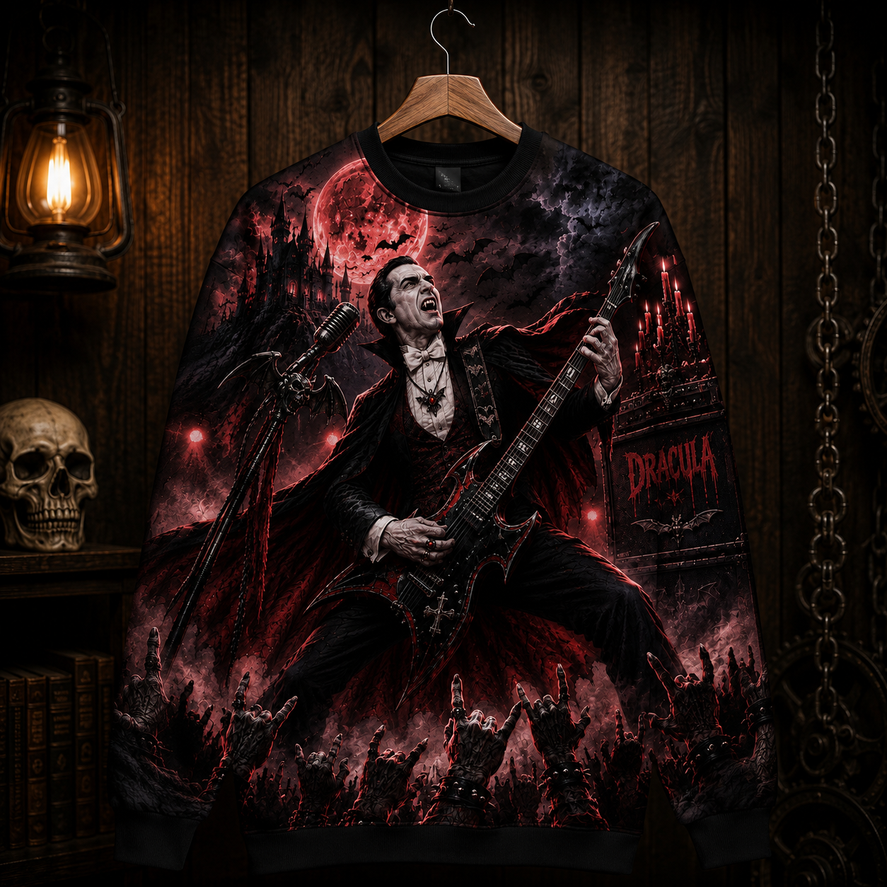 Dracula Vampire Rock Guitar Sweatshirt – Gothic Halloween All Over Print Crewneck For Horror Music Fans