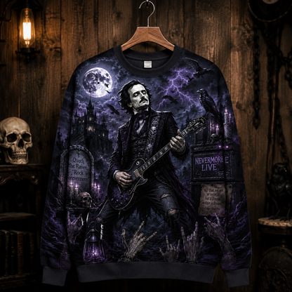 Edgar Allan Poe Nevermore Raven Gothic Halloween Sweatshirt – All Over Print Horror Rock Crewneck For Gothic Literature Fans