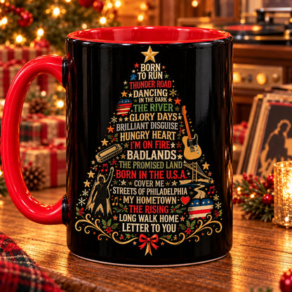 Bruce Springsteen Christmas Tree Coffee Mug – Classic Rock Songs & Guitar Holiday Drinkware