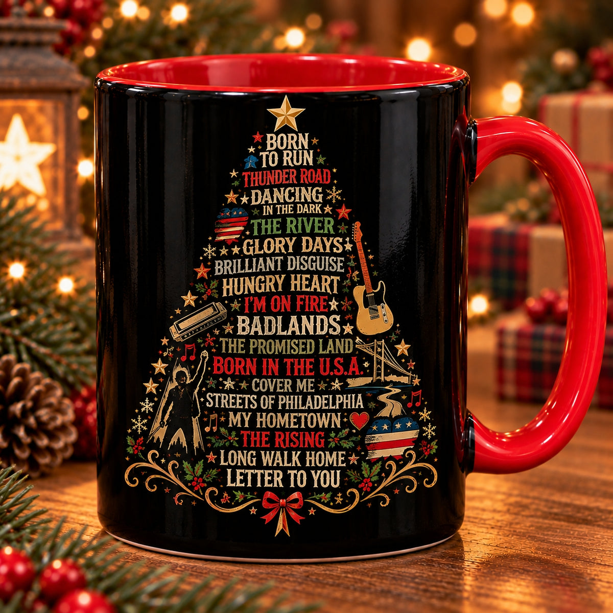 Bruce Springsteen Christmas Tree Coffee Mug – Classic Rock Songs & Guitar Holiday Drinkware